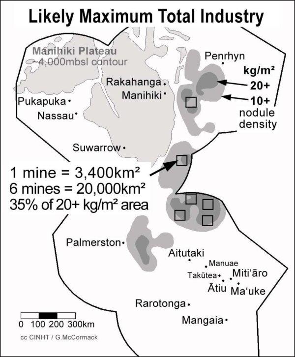 A visual representation of the seabed areas in the Cook Islands EEZ with more than 20kg/m² and more than 10kg/m². Six 20-year mines (or three of 40-years) would remove the nodules (minerals) from about 35% of the 20kg/m² area, or from 10% of the area with more than 10kg/m². (Courtesy of the Cook Islands Government Seabed Mining Authority.)