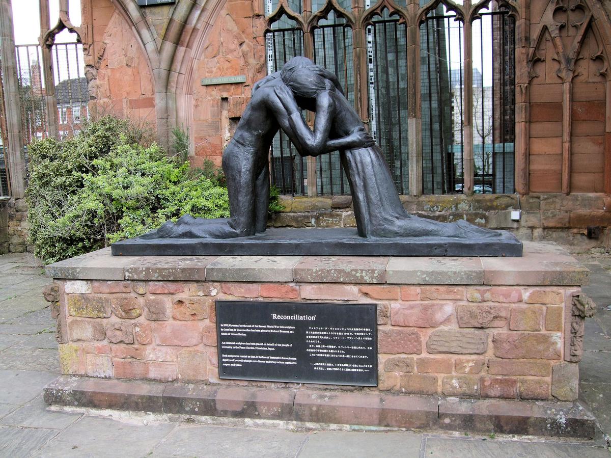 A casting of Josefina de Vasconcellos's "Reconciliation" statue was unveiled in the Coventry Cathedral ruins in 1995. Other castings have been placed in Hiroshima, Berlin, and Belfast. (Jim Linwood/CC BY 2.0)