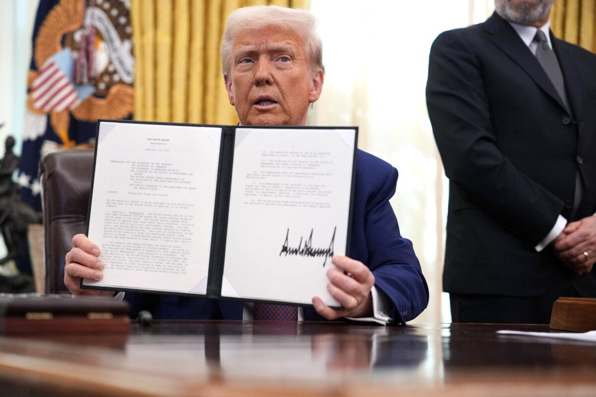 President Donald Trump delivers remarks after signing an executive order on reciprocal tariffs in the Oval Office at the White House on Feb. 13, 2025. (Andrew Harnik/Getty Images)