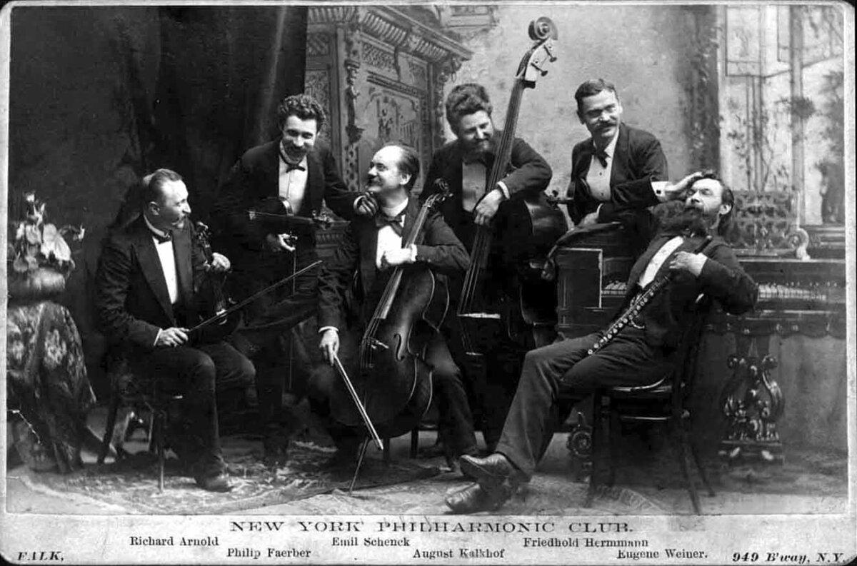 The New York Philharmonic Club, a chamber ensemble of Philharmonic musicians, clowning around for their public-relations photograph in the 1880s. New York Philharmonic Archives. (Public Domain)