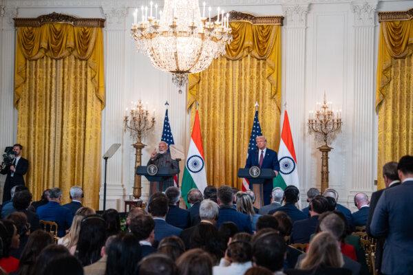 Indian Prime Minister Narendra Modi and U.S. President Donald Trump speak during a press conference at the White House in Washington on Feb. 13, 2025. (Madalina Vasiliu/The Epoch Times)