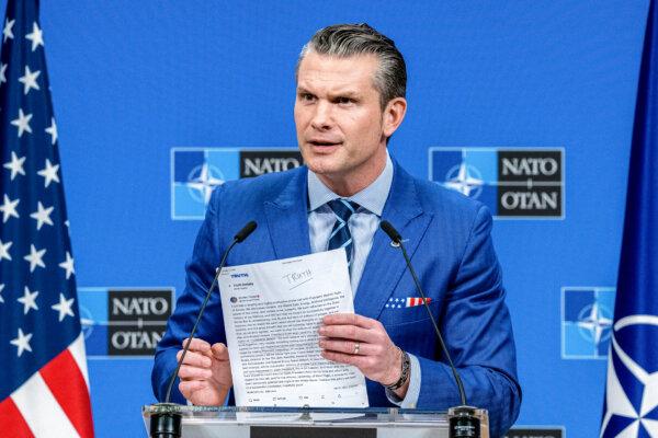 Secretary of Defense Pete Hegseth speaks at the defense ministers' meetings at NATO headquarters in Brussels, Belgium, on Feb. 13, 2025. (Omar Havana/Getty Images)