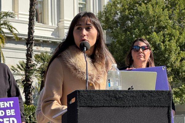 Detransitioner Chloe Cole speaks at a press conference outside California’s state Capitol Building in Sacramento on Feb. 14, 2025. (Courtesy Greg Burt/California Family Council)