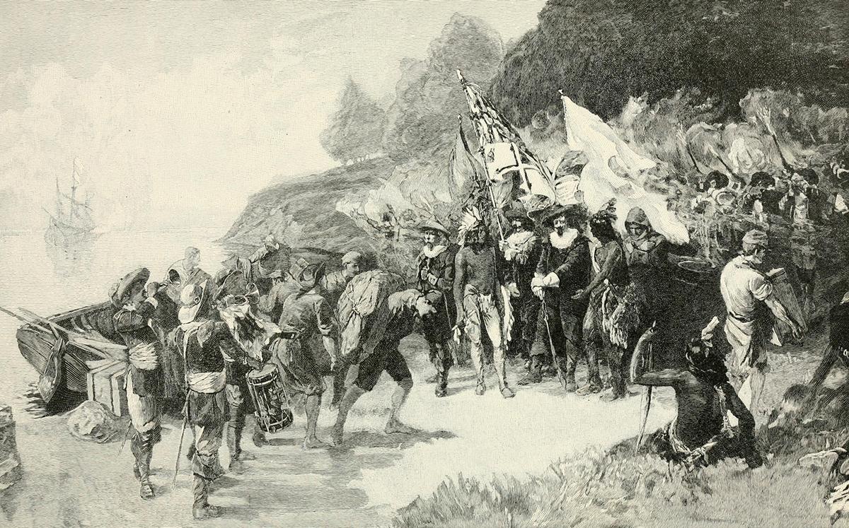 “A Landing at the Chesapeake: Leonard Calvert at St Mary's, 1634” after Henry Sandham from “The Century Book of Famous Americans,” circa 1896. Internet Archive. (Public Domain)