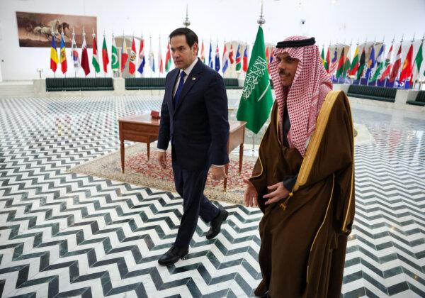 Saudi Arabian Foreign Minister Prince Faisal bin Farhan al-Saud receives Secretary of State Marco Rubio at the Saudi Foreign Ministry headquarters in Riyadh, Saudi Arabia, on Feb. 17, 2025. (Evelyn Hockstein/Pool/AFP via Getty Images)