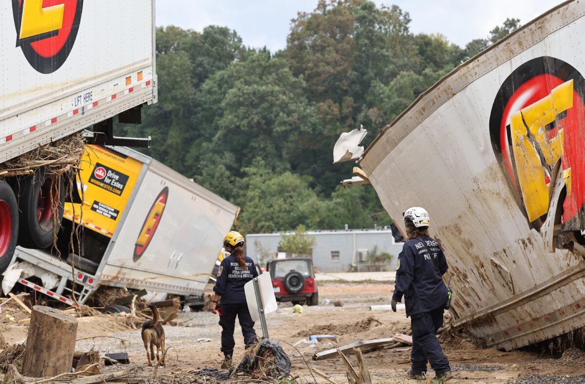 Federal Emergency Management Agency workers in Asheville, N.C., on Oct. 4, 2024. (Mario Tama/Getty Images)
