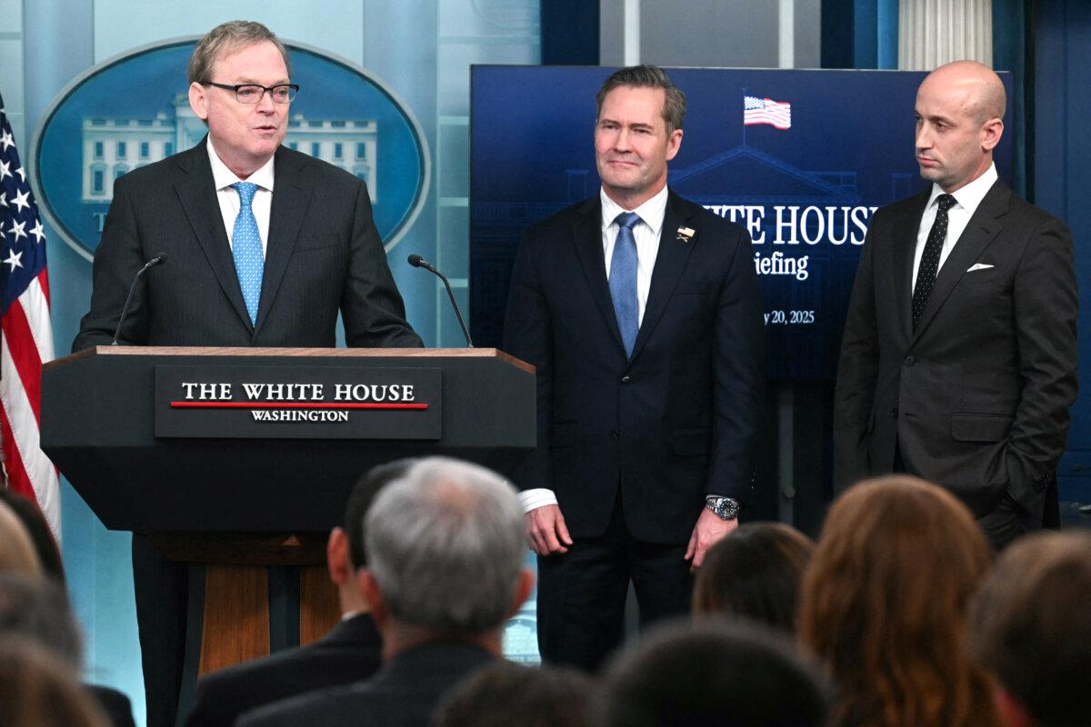 Director of the National Economic Council Kevin Hassett (L) speaks alongside national security adviser Mike Waltz (C) and White House deputy chief of staff for policy/homeland security advisor Stephen Miller (R) at the White House on Feb. 20, 2025. (Jim Watson/AFP via Getty Images)