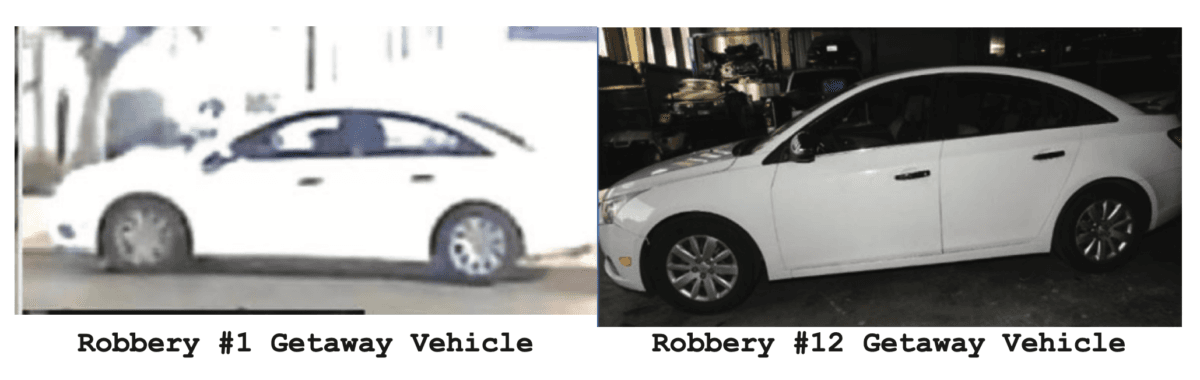 The 2011 white Chevrolet Cruze allegedly driven by Abigail Luckey and used as the getaway car in the robbery spree. (U.S. Department of Justice)