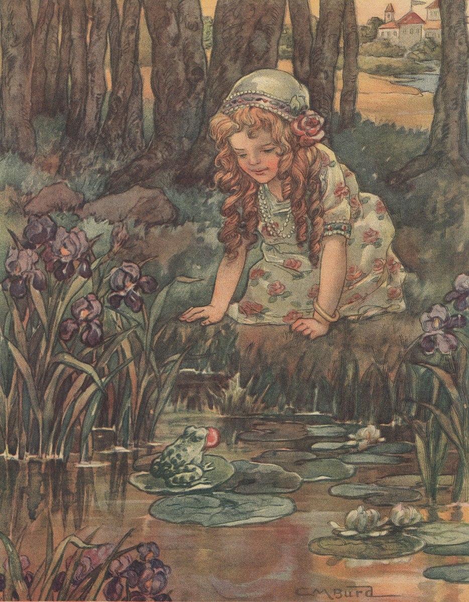 The talking frog retrieves the princess's precious toy, in this 1919 illustration from "The Frog Prince," by Clara Miller Burd. (Public Domain)