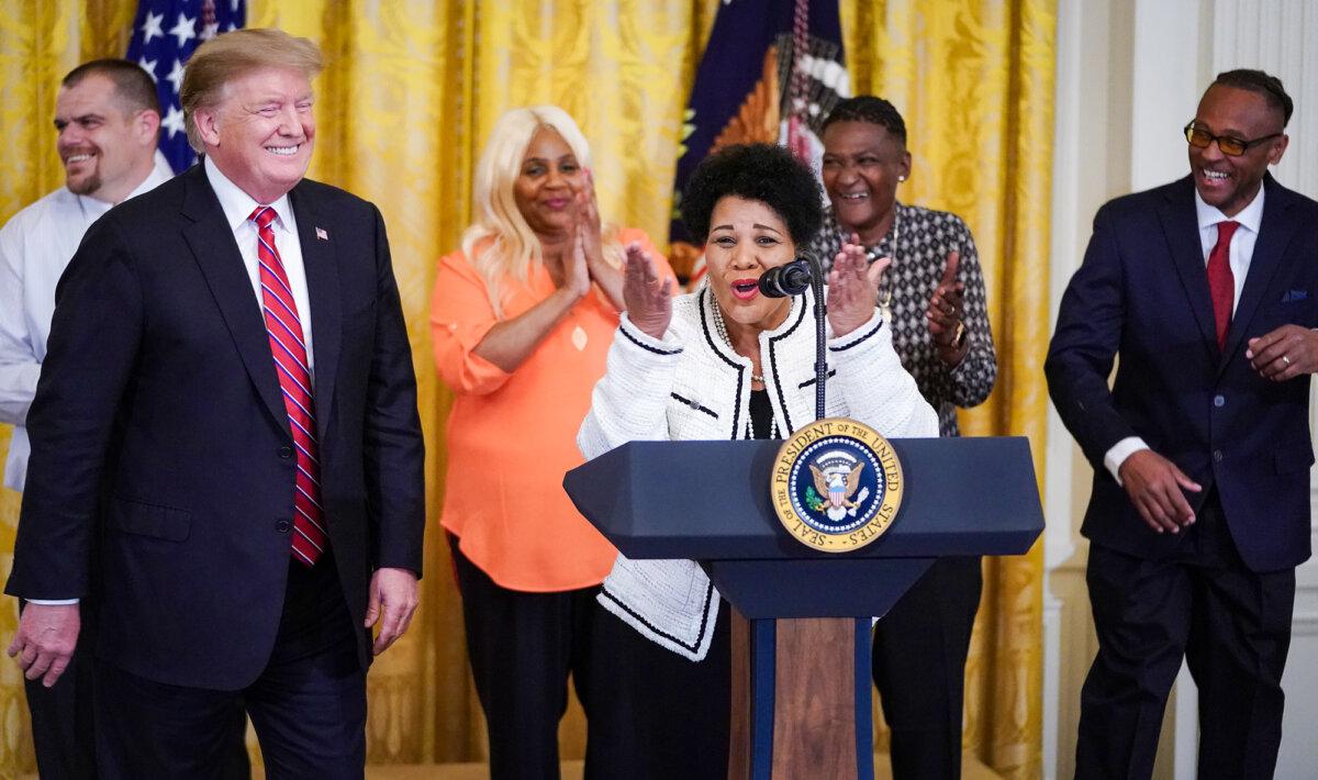 Alice Marie Johnson, who had her sentence commuted by President Donald Trump after serving 21 years in prison for cocaine trafficking, thanks the press during a celebration of the First Step Act in the East Room of the White House on April 1, 2019. (Chip Somodevilla/Getty Images)