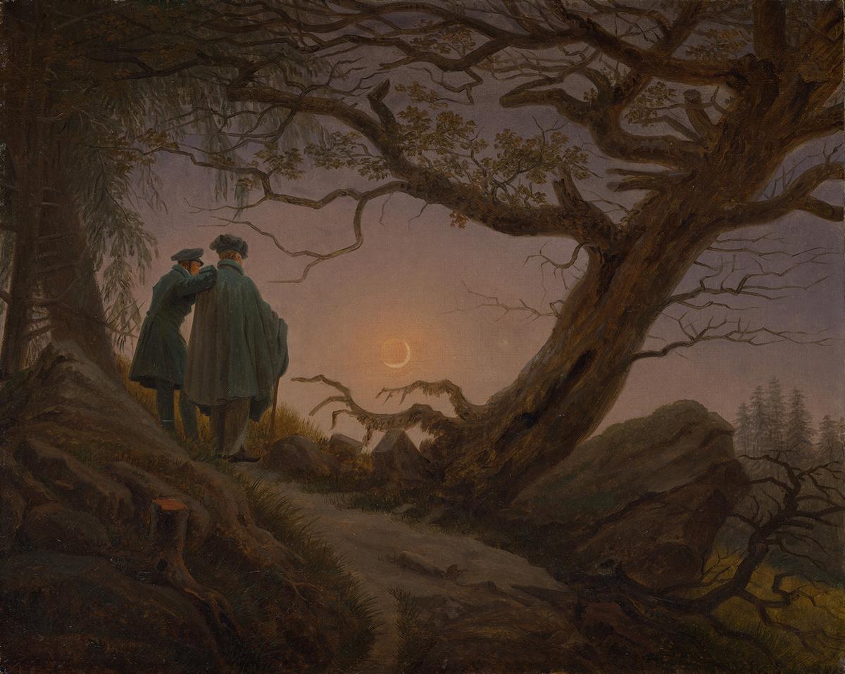 《凝視月亮的兩個男人》(Two Men Contemplating the Moon),約1825—1830年,卡斯帕‧大衛‧弗里德里希(Caspar David Friedrich)作。布面油畫;13 3/4吋 x 17 1/4吋。紐約大都會藝術博物館藏。(公有領域)