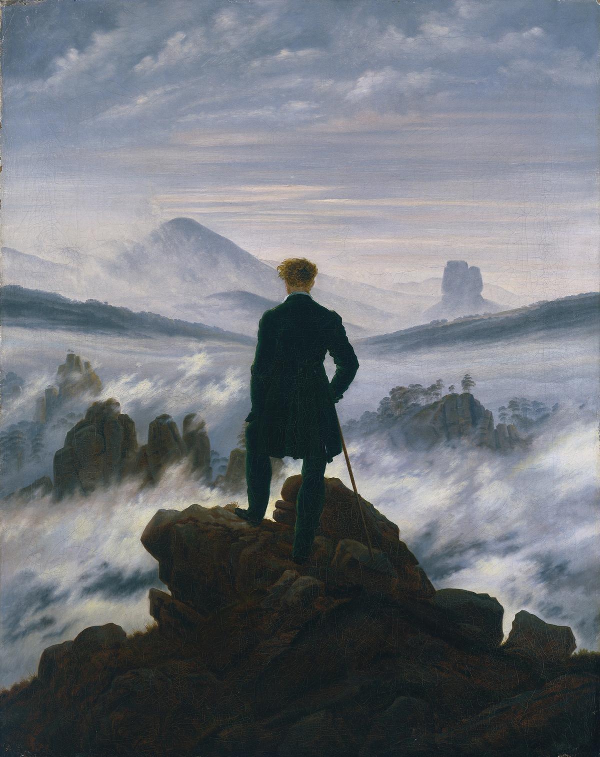《霧海上的漫遊者》(Wanderer Above the Sea of Fog),約1817年,卡斯帕‧大衛‧弗里德里希(Caspar David Friedrich)作。布面油畫;37 3/8吋 x 29 1/2吋。德國漢堡美術館。(Elke Walford/大都會藝術博物館提供)