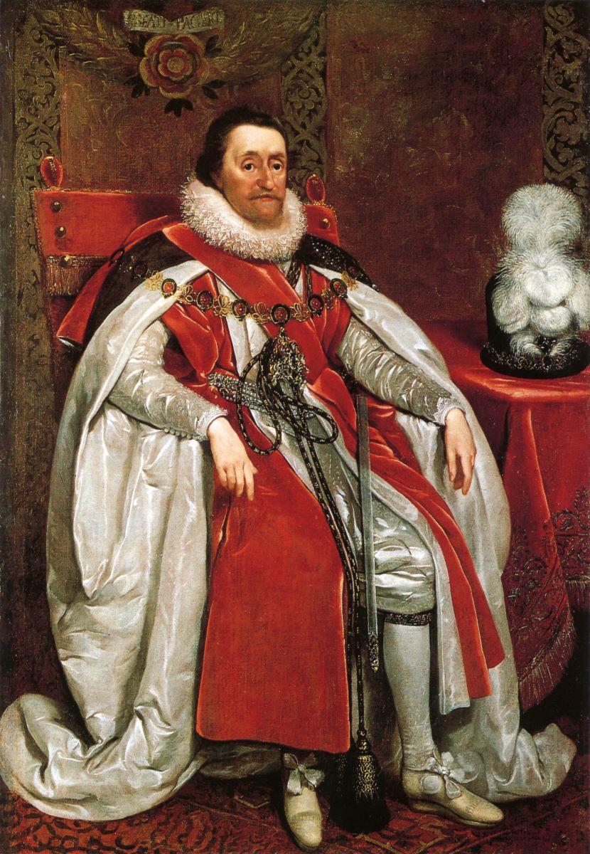 A portrait of James I of England, 1621, portrait by Daniel Mijtens. National Portrait Gallery, London. (Public Domain)
