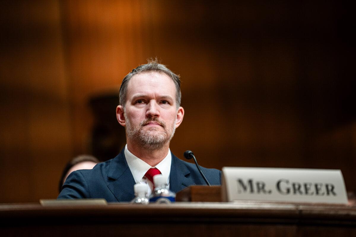 Nominee for the U.S. Trade Representative, Jamieson Greer, testifies before the Senate Committee on Finance on Capitol Hill in Washington on Feb. 6, 2025. (Madalina Vasiliu/The Epoch Times)