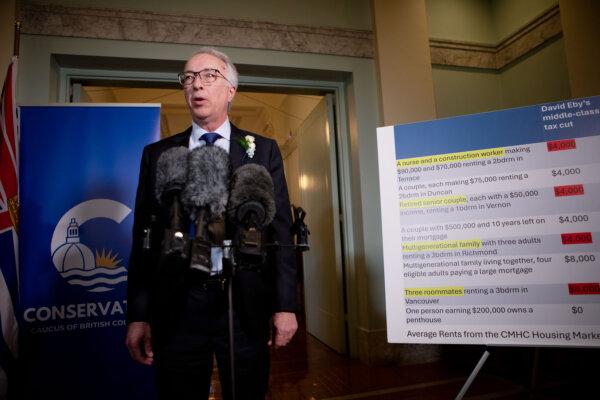 BC Conservative leader John Rastad speaks to reporters following his throne speech in Victorian Parliament on February 18, 2025 (Canadian Press/Chad Hipolit)