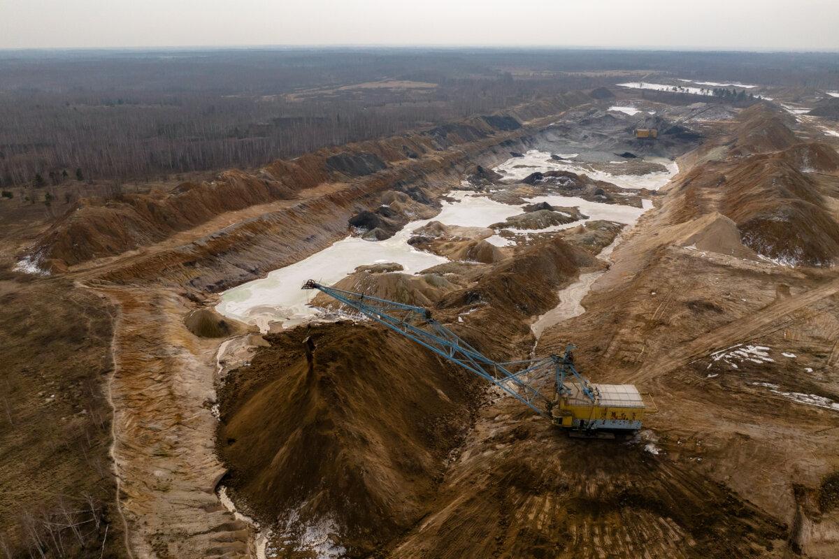 An aerial view shows a dragline excavator operating in an open-pit titanium mine in the Zhytomyr region, Ukraine, on Feb. 28, 2025. (Roman Pilipey/AFP via Getty Images)