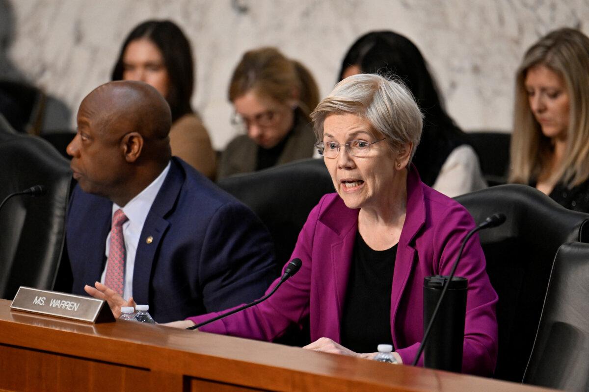 Sen. Elizabeth Warren (D-Mass.) speaks as Federal Reserve Chairman Jerome Powell testifies before a Senate Banking, Housing, and Urban Affairs Committee hearing on "The Semiannual Monetary Policy Report to the Congress," on Capitol Hill in Washington on Feb. 11, 2025. (Craig Hudson/Reuters)