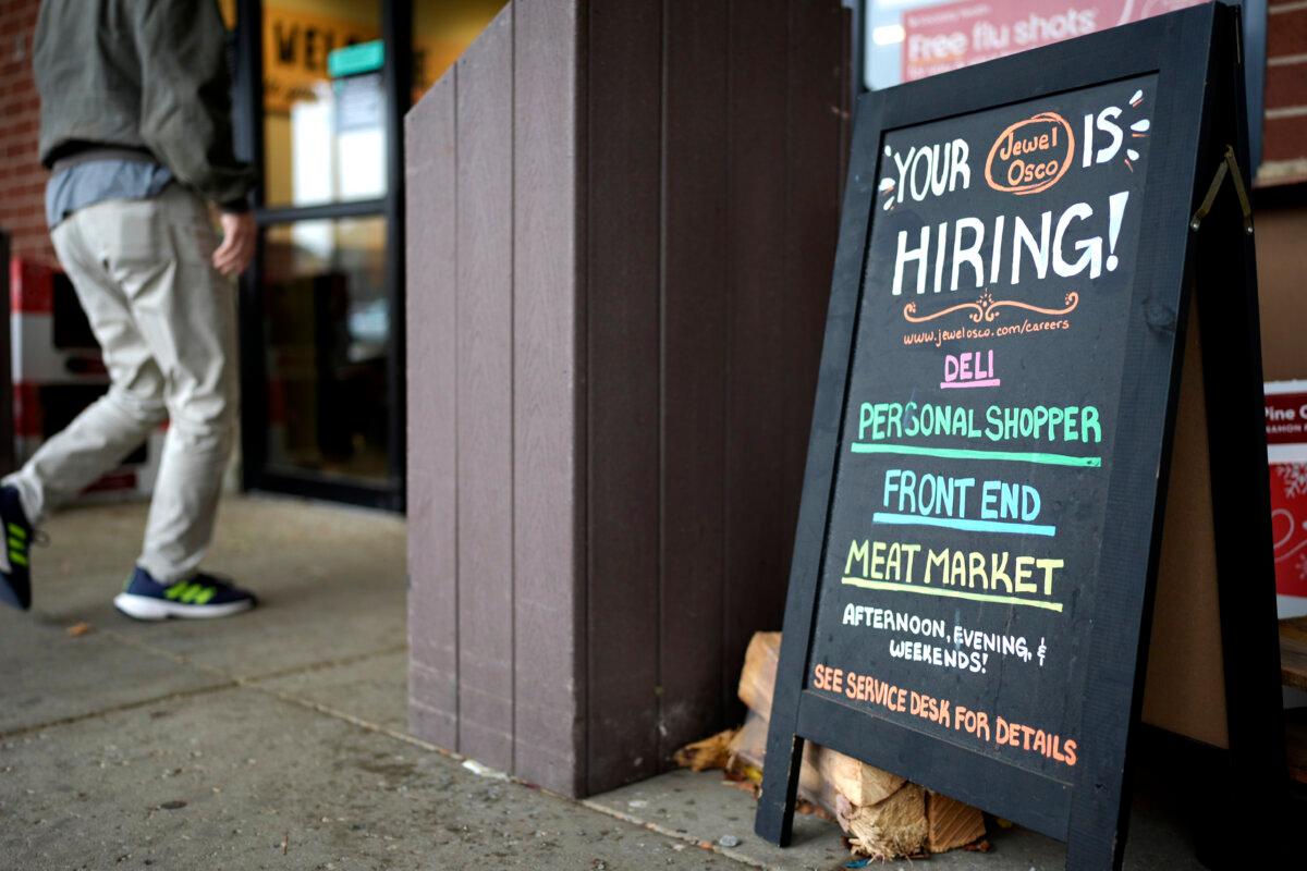 A hiring sign at a grocery store in Glenview, Ill., on Nov. 25, 2024. (Nam Y. Huh/AP Photo)