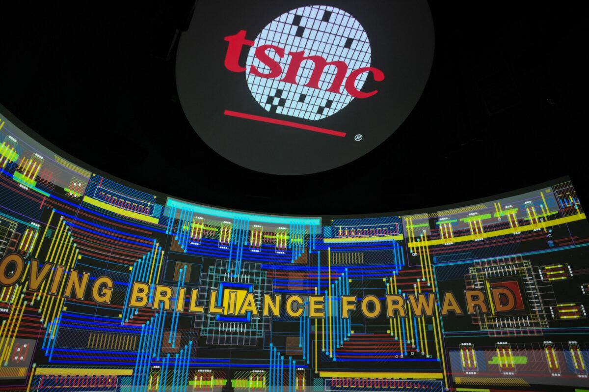 The company logo is seen on screens at the Taiwan Semiconductor Manufacturing Co.’s Renovation Museum at the Hsinchu Science Park in Hsinchu, Taiwan, on July 5, 2023. (Sam Yeh/AFP via Getty Images)