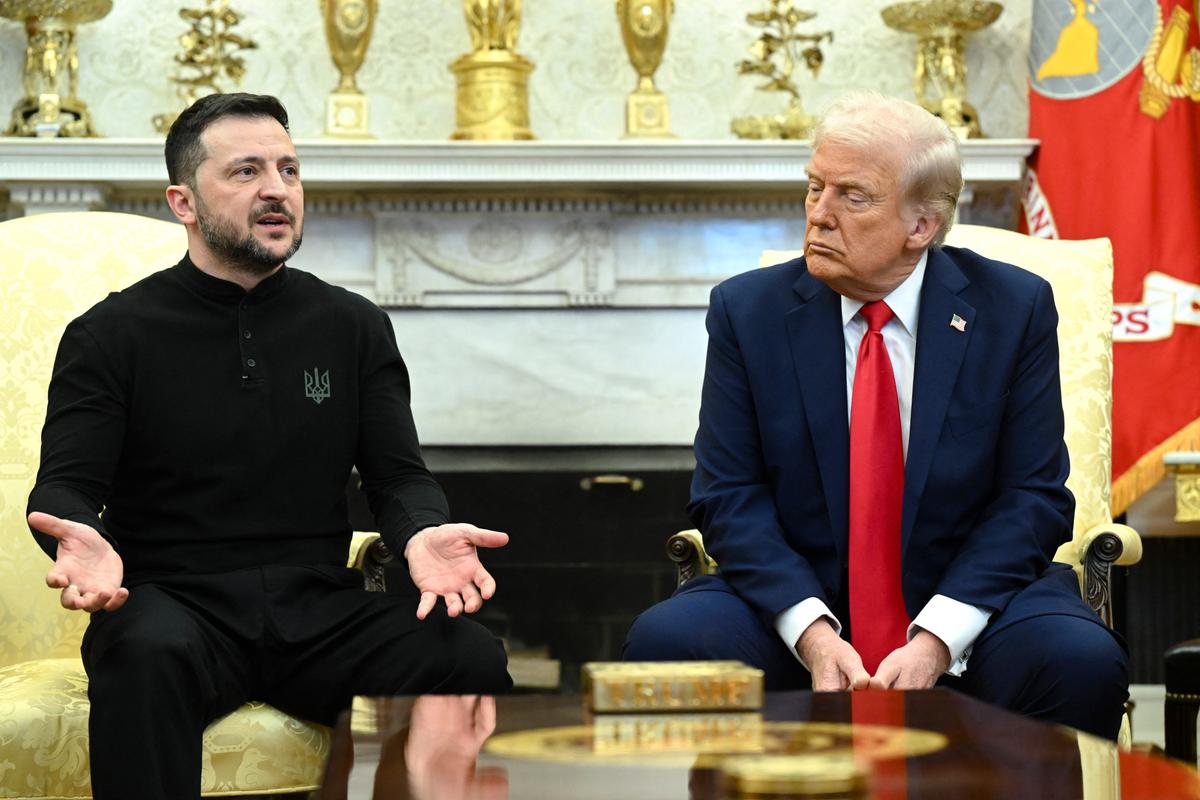 President Donald Trump and Ukraine's President Volodymyr Zelenskyy meet in the Oval Office on Feb. 28, 2025. (Saul Loeb/AFP via Getty Images)