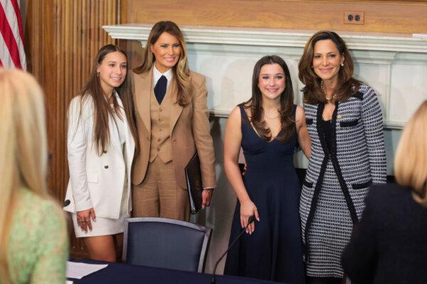 (L-R) Francesca Mani, First Lady Melania Trump, Elliston Berry, and Rep. Maria Salazar (R-Fla.) take a photograph after a roundtable discussion on the Take It Down Act, in the Mike Mansfield Room at the U.S. Capitol on March 3, 2025. (Kayla Bartkowski/Getty Images)