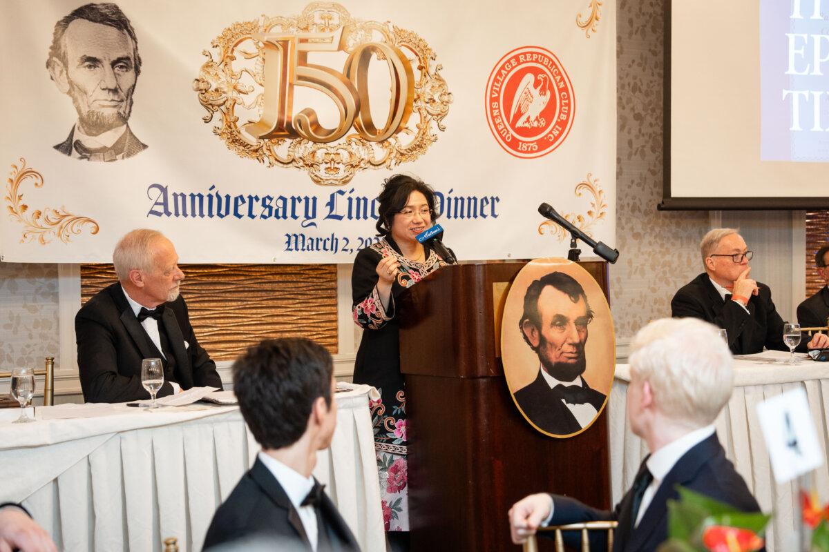 Epoch Times CEO Janice Trey speaks at the Queens Village Republican Club’s 150th Anniversary Lincoln Dinner in Queens Village, N.Y., on March 2, 2025. (Samira Bouaou/The Epoch Times)