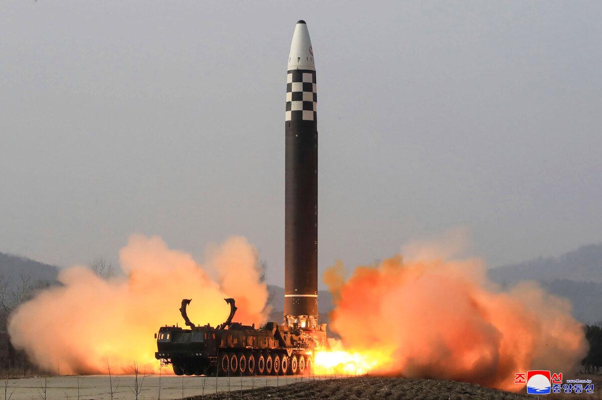 A test-fire of a Hwasong-17 intercontinental ballistic missile (ICBM) at an undisclosed location in North Korea on March 24, 2022. (Korean Central News Agency/Korea News Service via AP)