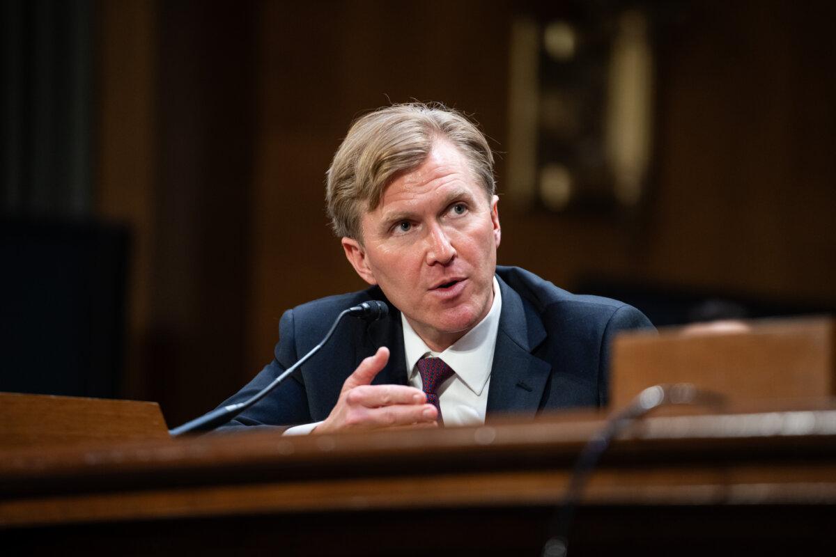 President Donald Trump's nominee to be under-secretary of defense for policy, Elbridge Colby, testifies before the Senate Armed Services Committee on Capitol Hill in Washington on March 4, 2025. (Madalina Vasiliu/The Epoch Times)