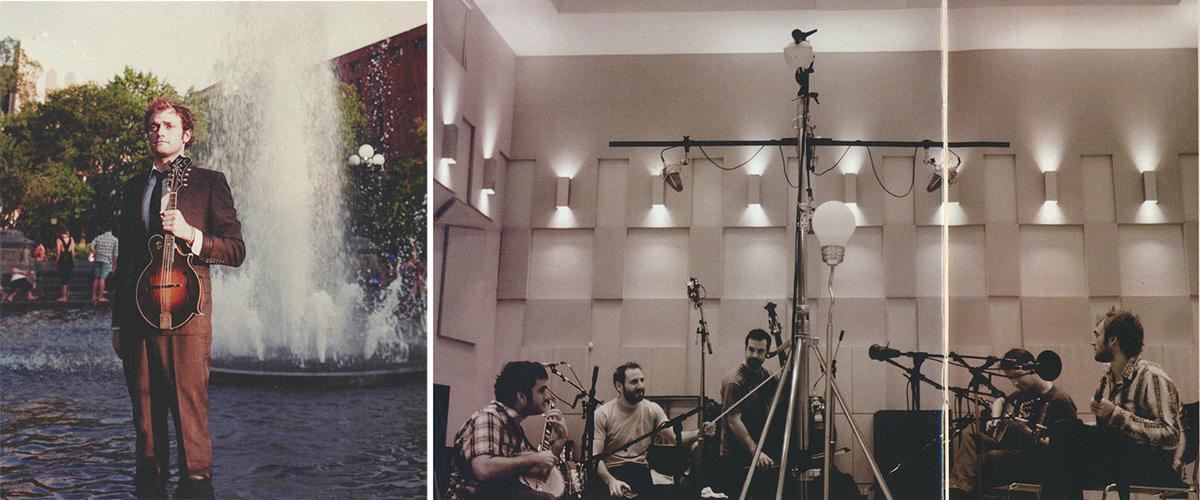 (L) Mandolin player Chris Thile from his 2013 album "Bach: Sonatas and Partitas, Vol. 1." (R) A recording session with the Punch Brothers from their 2008 album "Nonesuch." Internet Archive. (Public Domain)