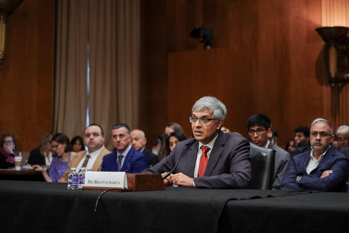President Donald Trump’s nominee for Director of the National Institutes of Health (NIH), Jayanta Bhattacharya, testifies during a confirmation hearing before the Senate Committee on Health, Education, Labor, and Pensions on Capitol Hill on March 5, 2025. (Madalina Vasiliu/The Epoch Times)
