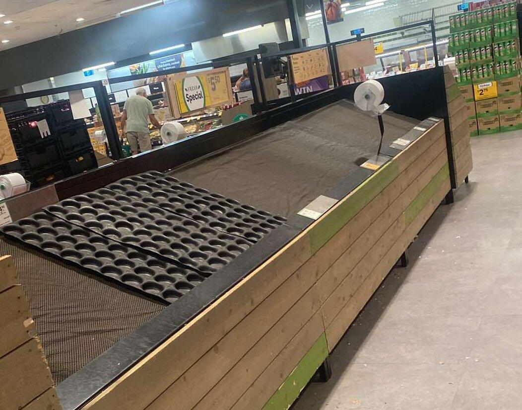 Empty Woolworths shelves in Bundaberg north of Brisbane in Queensland, Australia on March 6, 2025. (Courtesy of Emily Webster)