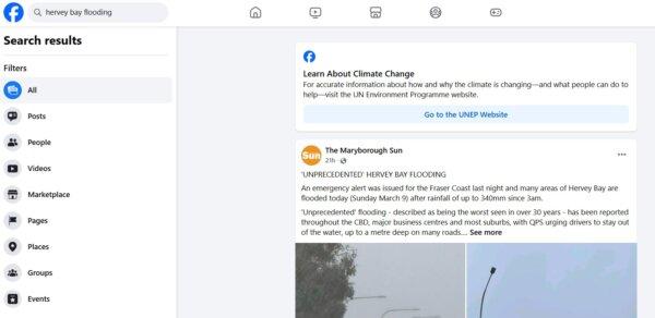 Screenshot of Facebook directing users to "Learn about climate change." (The Epoch Times)
