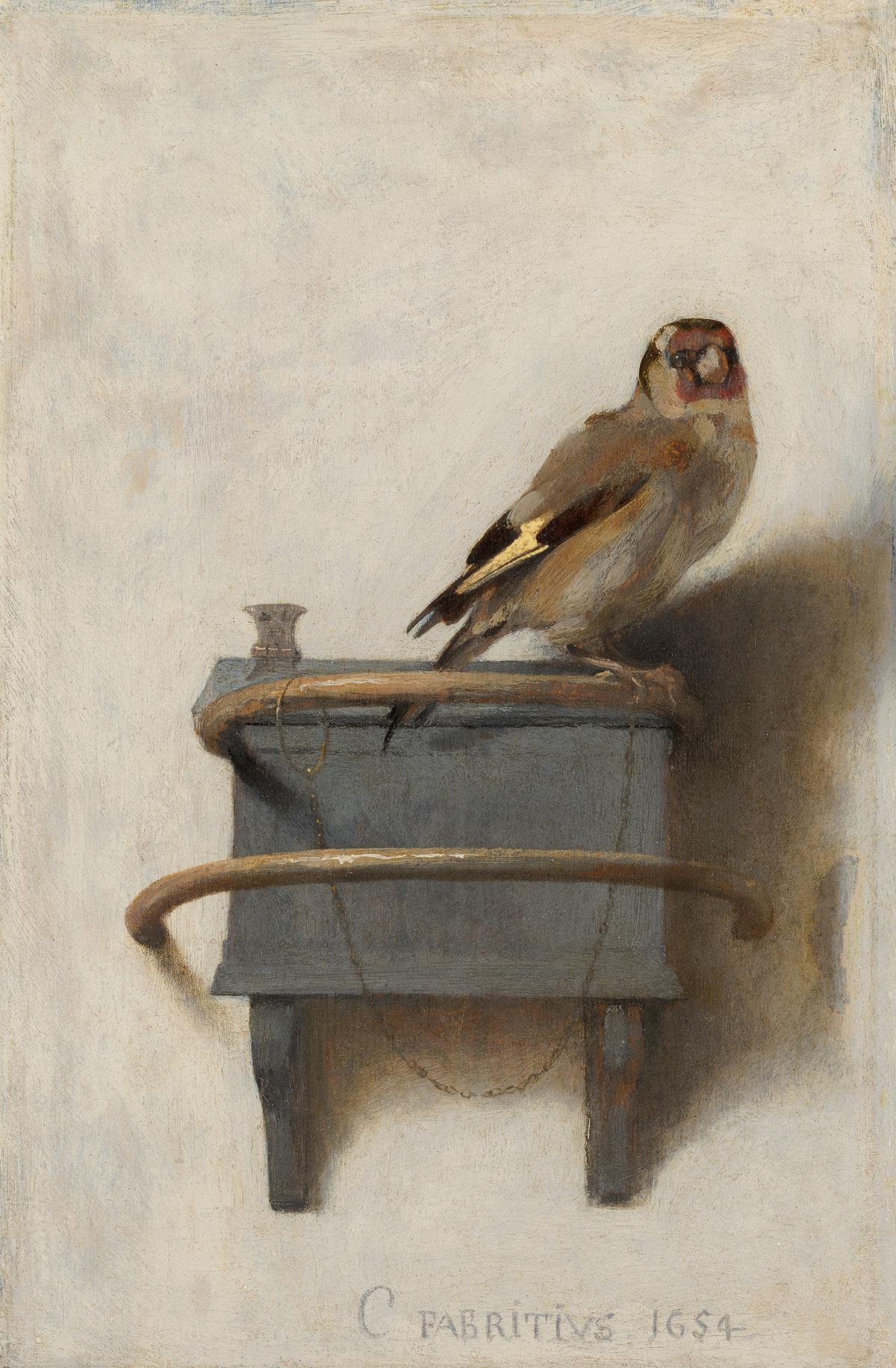 "The Goldfinch," 1654, by Carel Fabritius. Oil on panel; 13 1/4 inches by 9 inches. Mauritshuis, The Hague, Netherlands. (Public Domain)