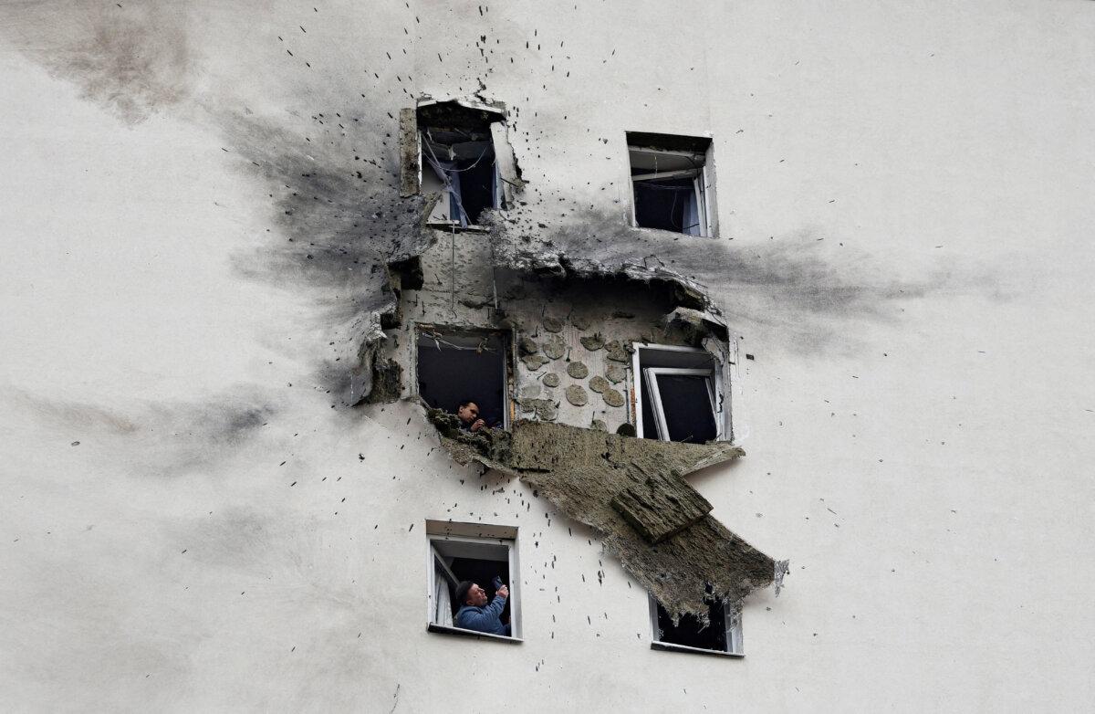 A damaged building in Vidnoye, Moscow Region, on March 11, 2025. (Stringer/Reuters)