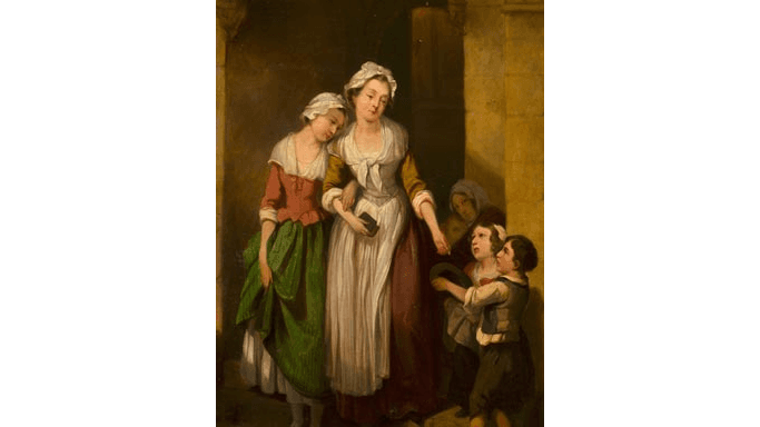 "Giving Alms to Beggar Children," painting in the manner of Francis Wheatley. (Public Domain)