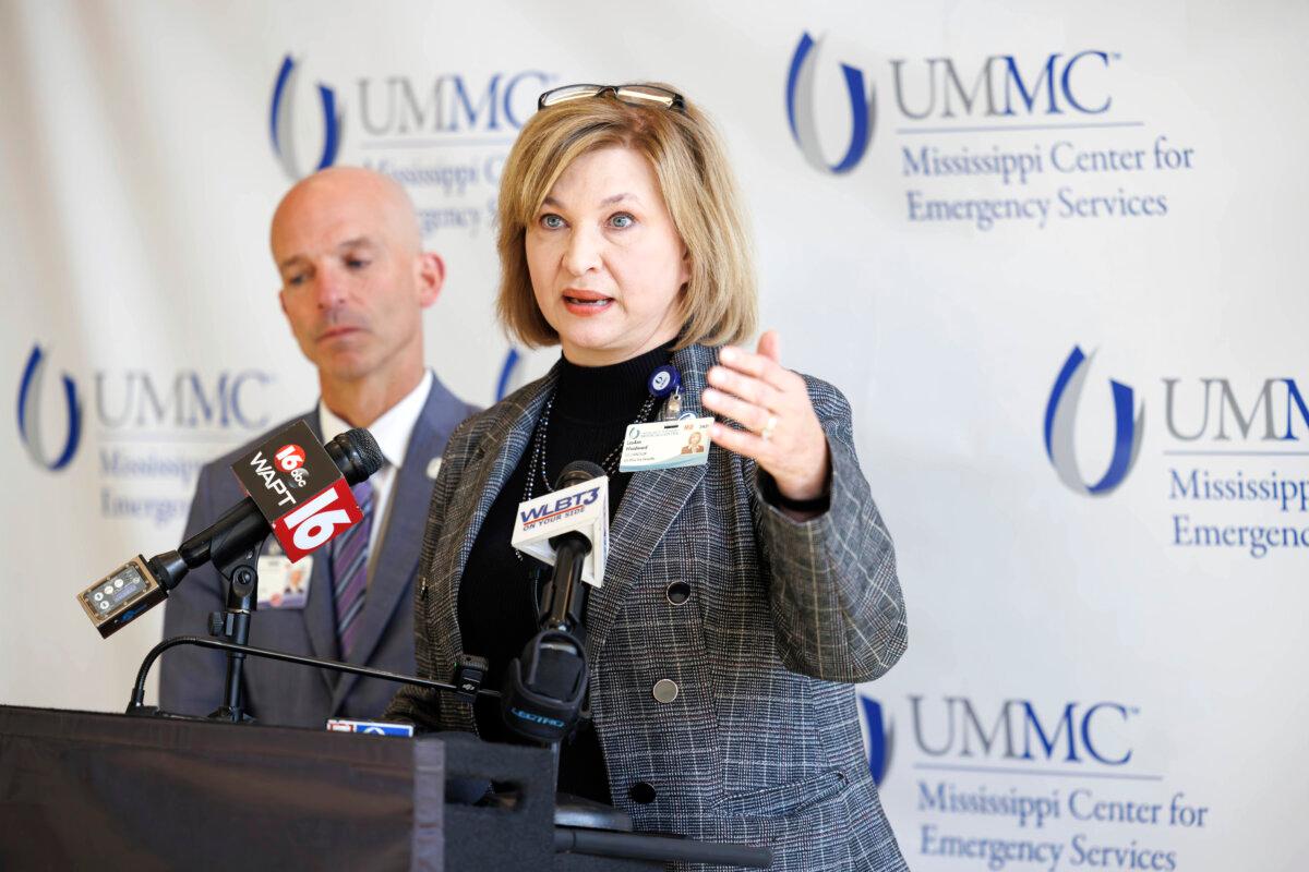 Dr. LouAnn Woodward, vice chancellor for health affairs, speaks to media after an AirCare medical transport helicopter crashed in Jackson, Miss., on March 10, 2025. (Melanie Thortis/University of Mississippi Medical Center via AP)