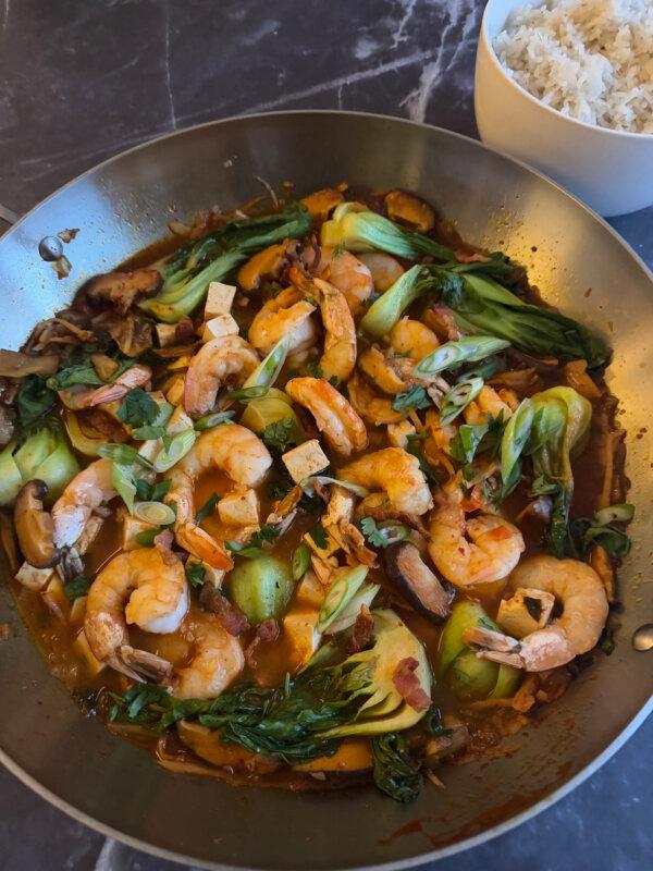 The brothy skillet meal boasts bold flavors from the kimchi. (JeanMarie Brownson/TCA)