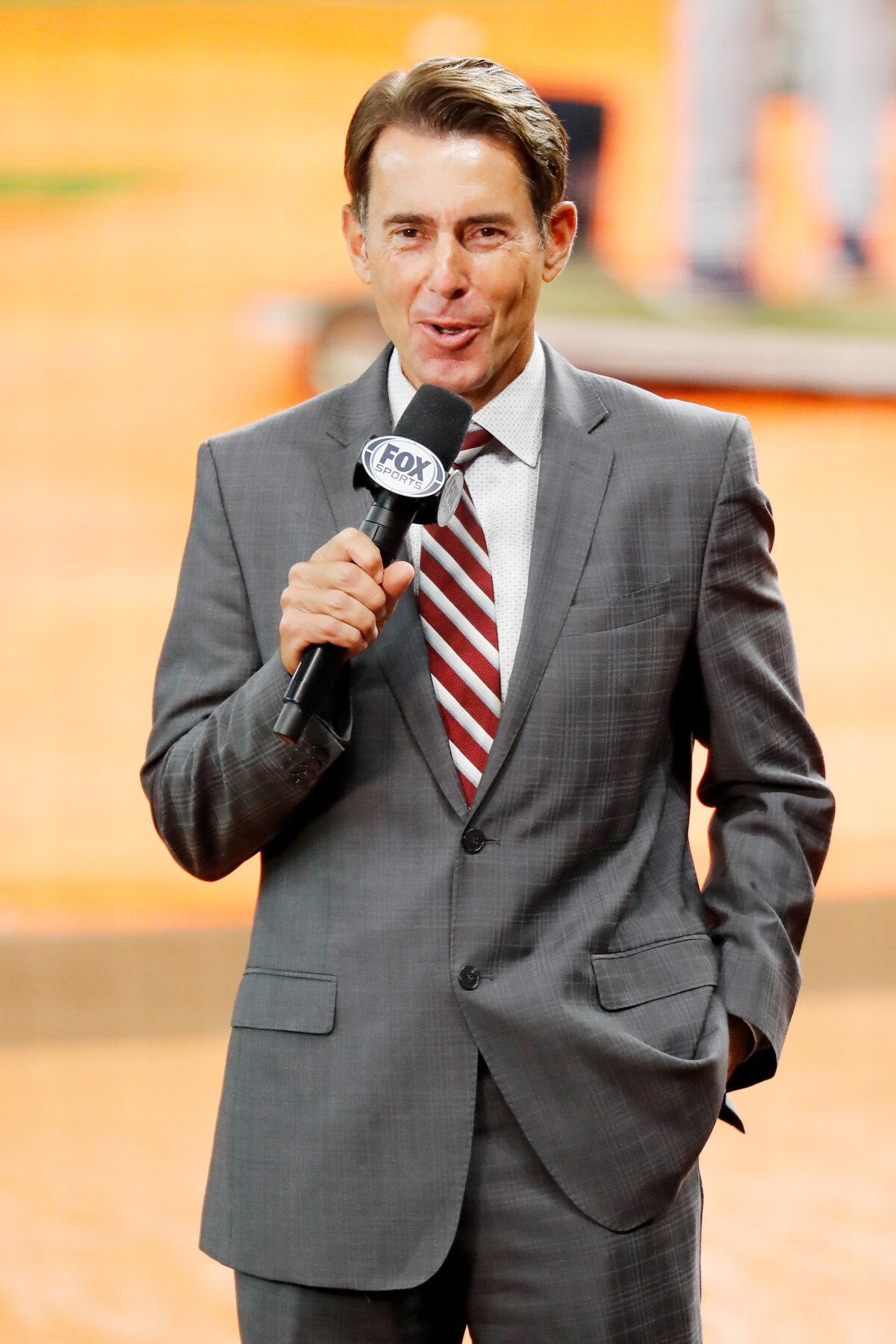 Fox sports commentator Tom Verducci looks on prior to Game Three of the National League Division Series between the Atlanta Braves and the Miami Marlins at Minute Maid Park in Houston, Texas, on Oct. 8, 2020. (Bob Levey/Getty Images)