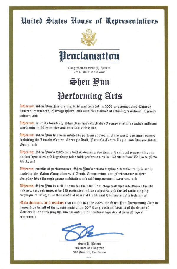 Representing the 50th Congressional District, Congressman Scott Peters sent a proclamation to Shen Yun. (The Epoch Times)