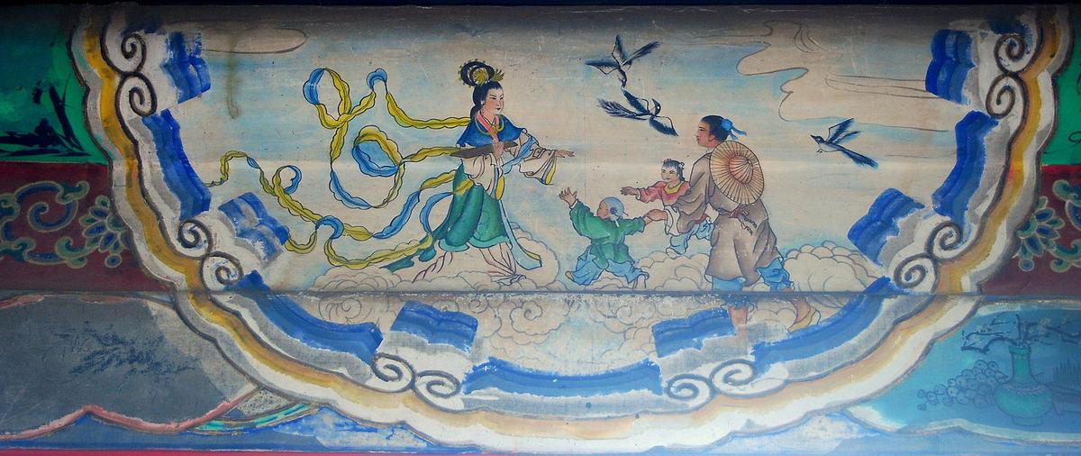 The artwork on the wall of the long corridor of the Beijing Summer Palace depicts the reunion of Niulang, Zhinu, and their children. (Public Domain)