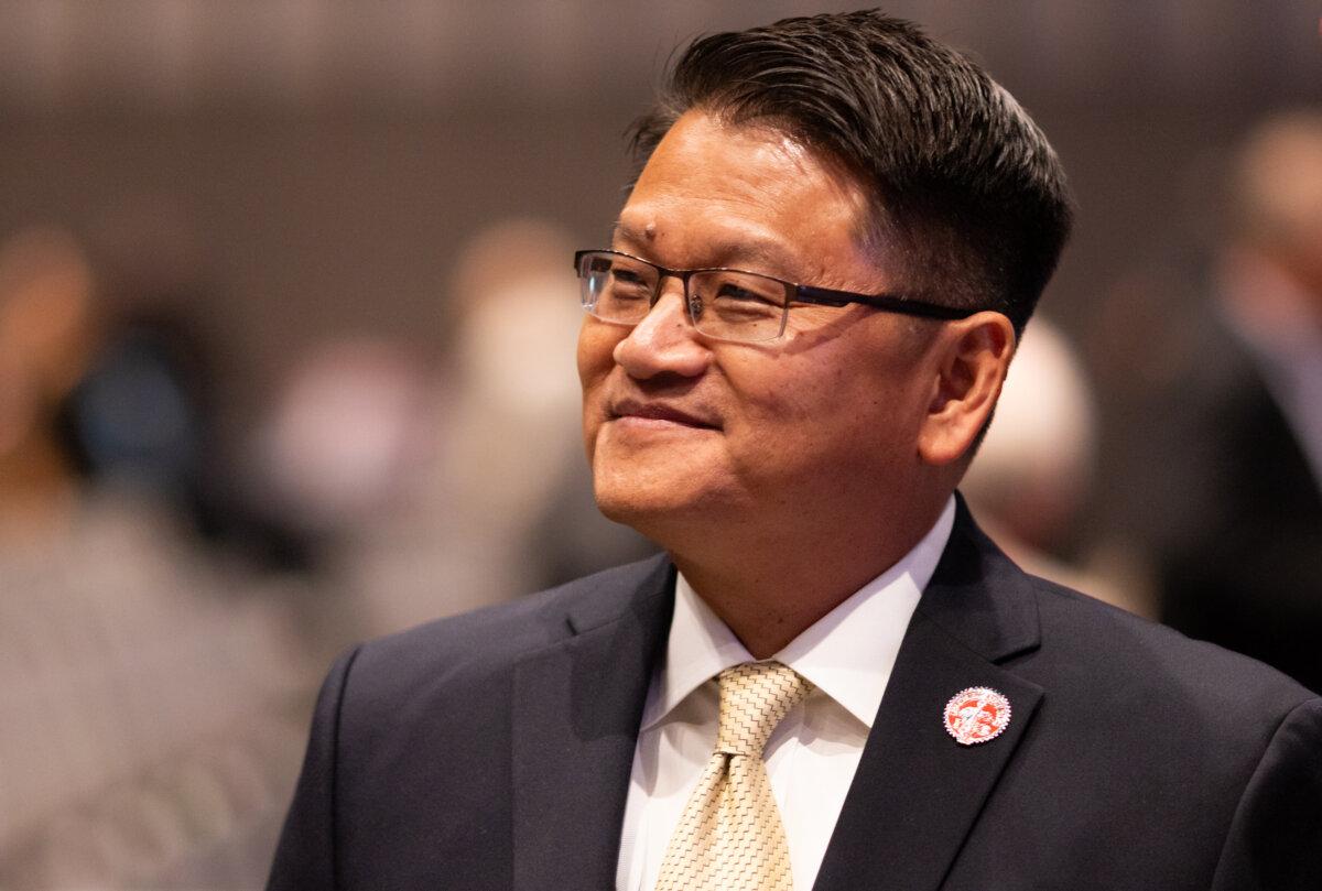 CAGOP Vice Chairman John Park greets fellow Republicans at the CAGOP convention in Sacramento, Calif., on March 16, 2025. (John Fredricks/The Epoch Times)