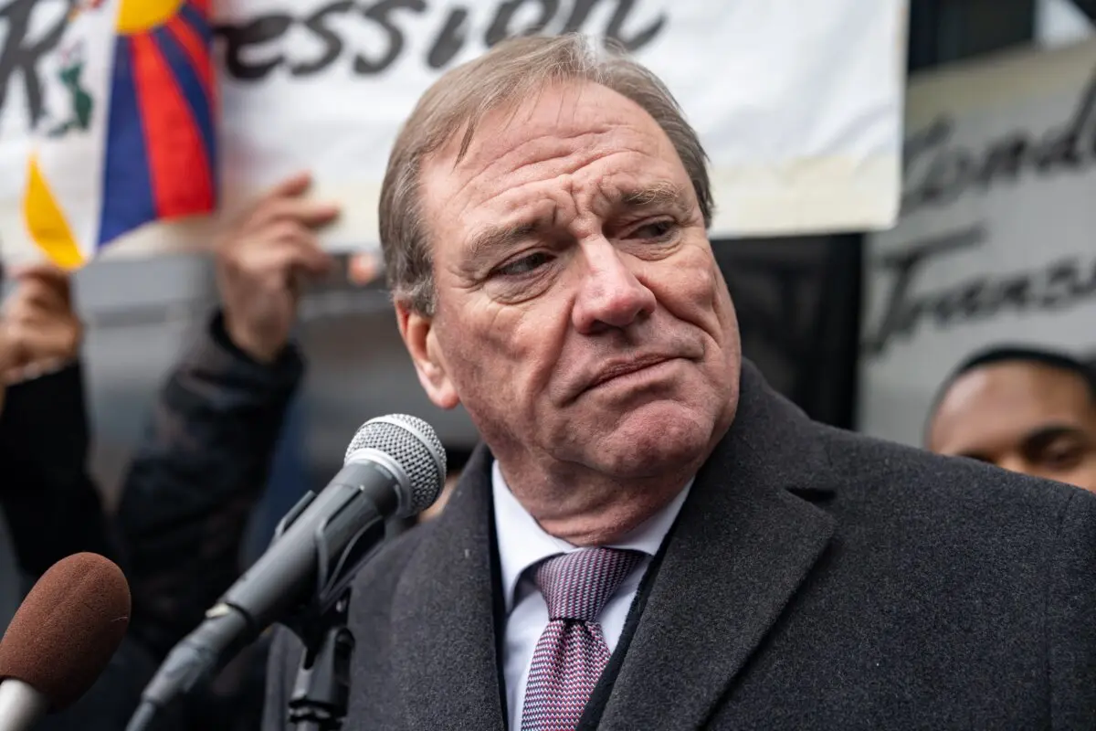 Rep. Neal Dunn (R-Fla.) speaks at a press conference and rally in front of the America ChangLe Association, highlighting Beijing's transnational repression, in New York City on Feb. 25, 2023. (Samira Bouaou/The Epoch Times)