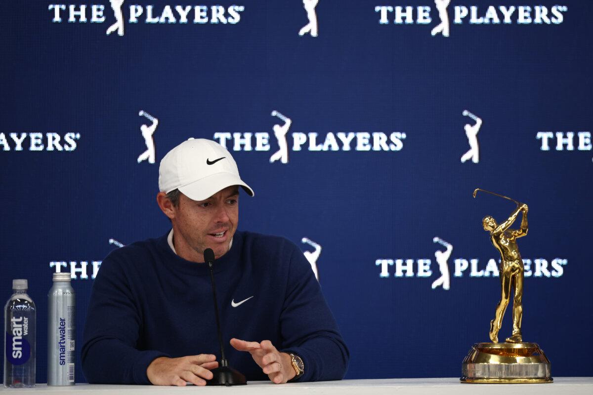 Rory McIlroy of Northern Ireland speaks to the media after winning the playoff in the final round of The Players Championship on the Stadium Course at TPC Sawgrass in Ponte Vedra Beach, Florida, on March 17, 2025. (Jared C. Tilton/Getty Images)