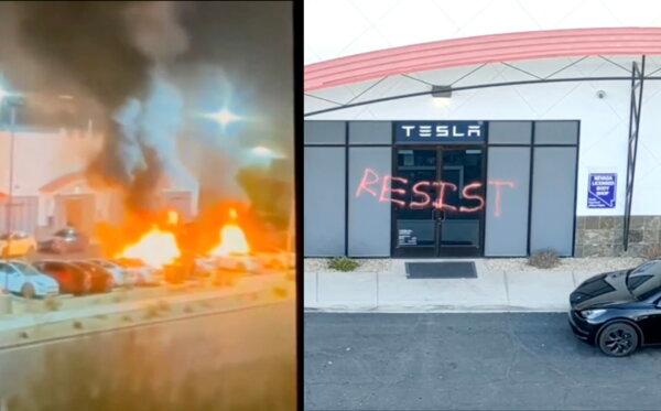 (L) Tesla vehicles on fire and (R) the word 'RESIST' spray painted on the doors of a service center in Las Vegas on March 18, 2025. (Las Vegas Metropolitan Police Department)