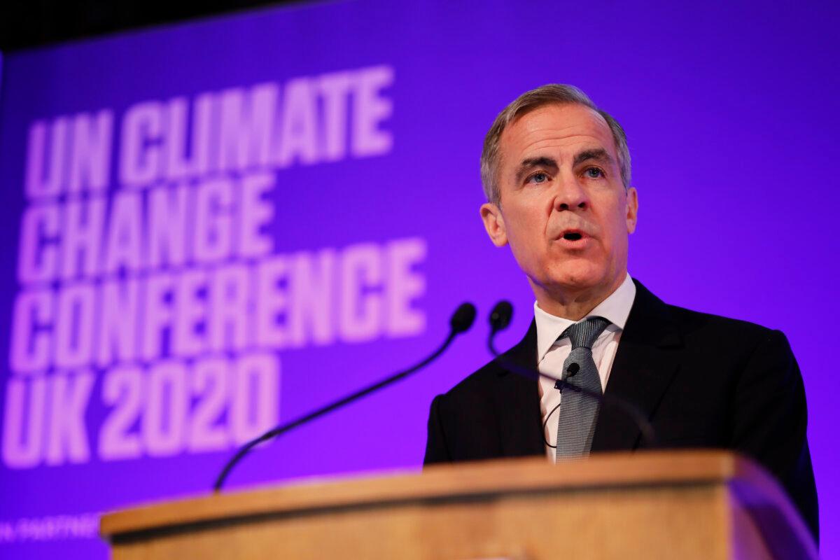 Mark Carney makes a keynote address to launch the private finance agenda for the 2020 U.N. Climate Change Conference (COP26) at Guildhall in London, England, on Feb. 27, 2020. (Tolga Akmen/WPA Pool/Getty Images)
