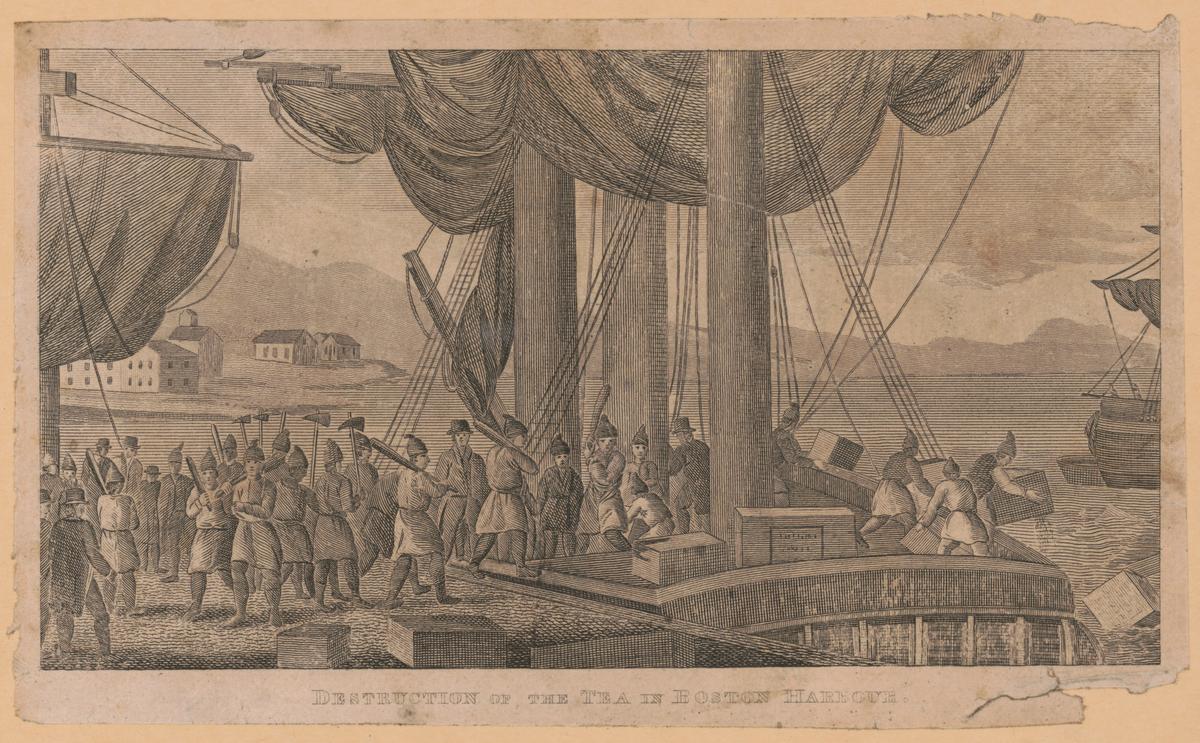The Sons of Liberty protested "taxation without representation" by throwing chests of Britain’s tea into the Boston Harbor during the Boston Tea Party. Library of Congress. (Public Domain)
