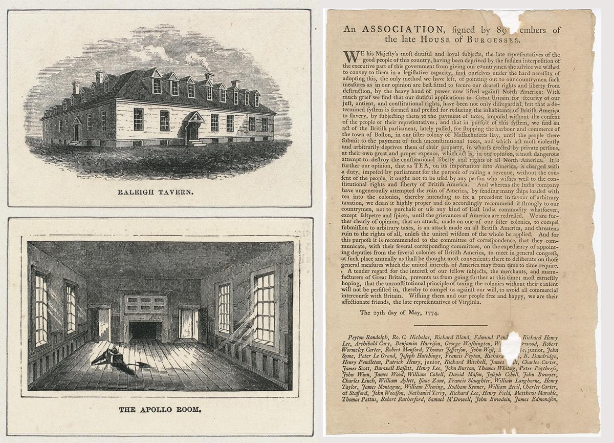 (L) An illustration of Raleigh Tavern with the famous Apollo Room, 1880. The New York Public Library. (R) The resolution was signed by 89 members of the House of Burgesses and several “clergymen and other inhabitants of the colony and dominion of Virginia.” (Public Domain)