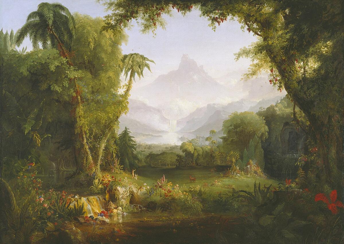 "The Garden of Eden," 1828, By Thomas Cole. Oil on canvas; 38 1/2 inches by 52 3/4 inches. Amon Carter Museum of American Art, Fort Worth, Texas. Hopkins captures the bliss of the Edenic state in his depiction of spring. (Public Domain)