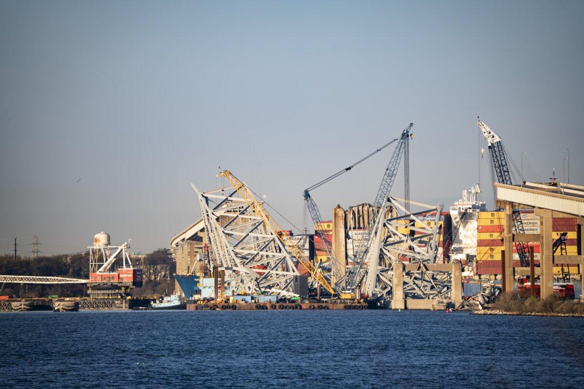The Francis Scott Key Bridge in Baltimore, Md., which collapsed after being struck by a container ship in March, is seen on April 5, 2024. (Madalina Vasiliu/The Epoch Times)