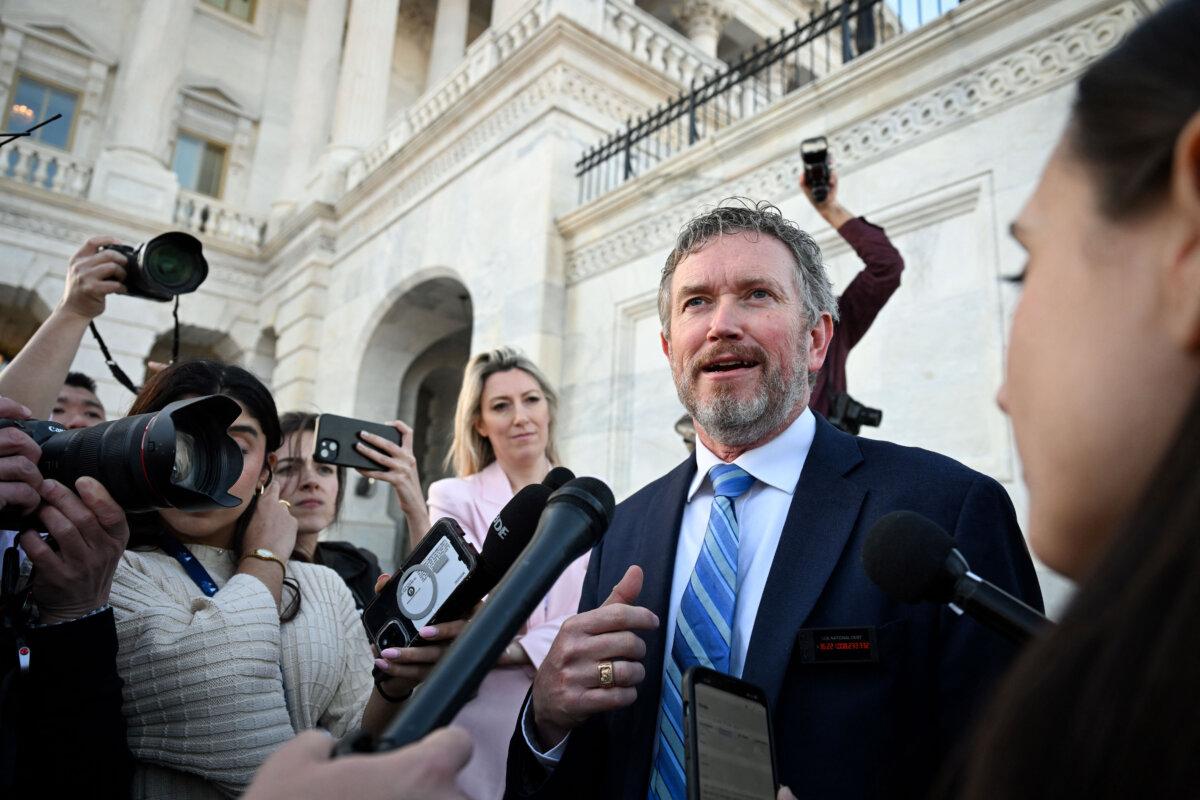 U.S. Rep. Thomas Massie (R-Ky.) speaks to the press outside the U.S. Capitol, as the only Republican to vote against passing the House legislation to fund the government through Sept. 30 and avert a shutdown, on March 11, 2025. (Roberto Schmidt/AFP via Getty Images)